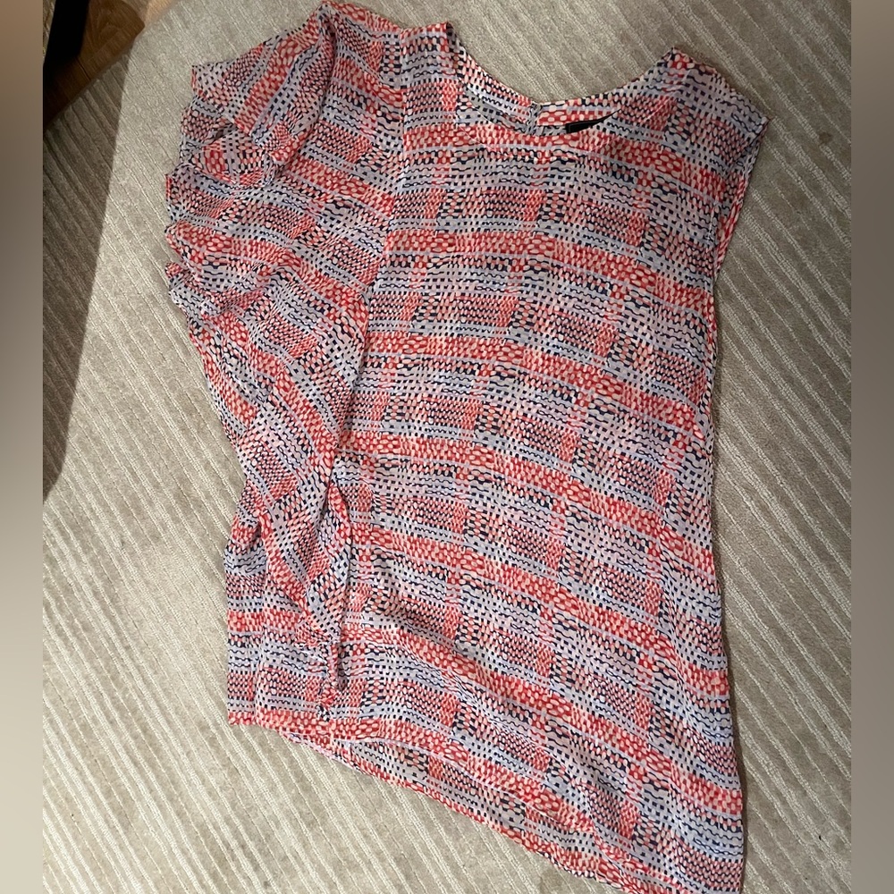 BCBG red white and blue flowy asymmetrical blouse sheer